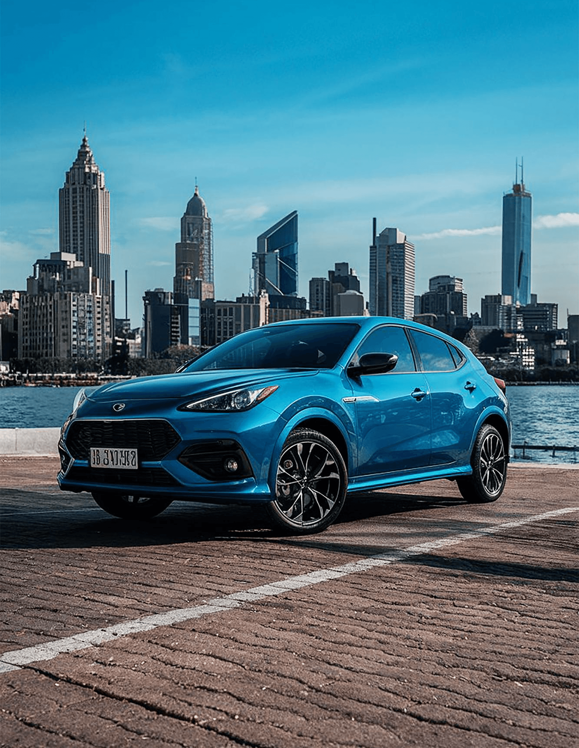 Blue car with city skyline